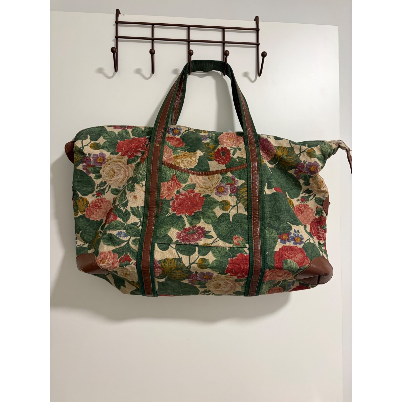 Vintage Caspian Floral Tapestry Weekender Bag Green Pink Oversized Travel Duffel
